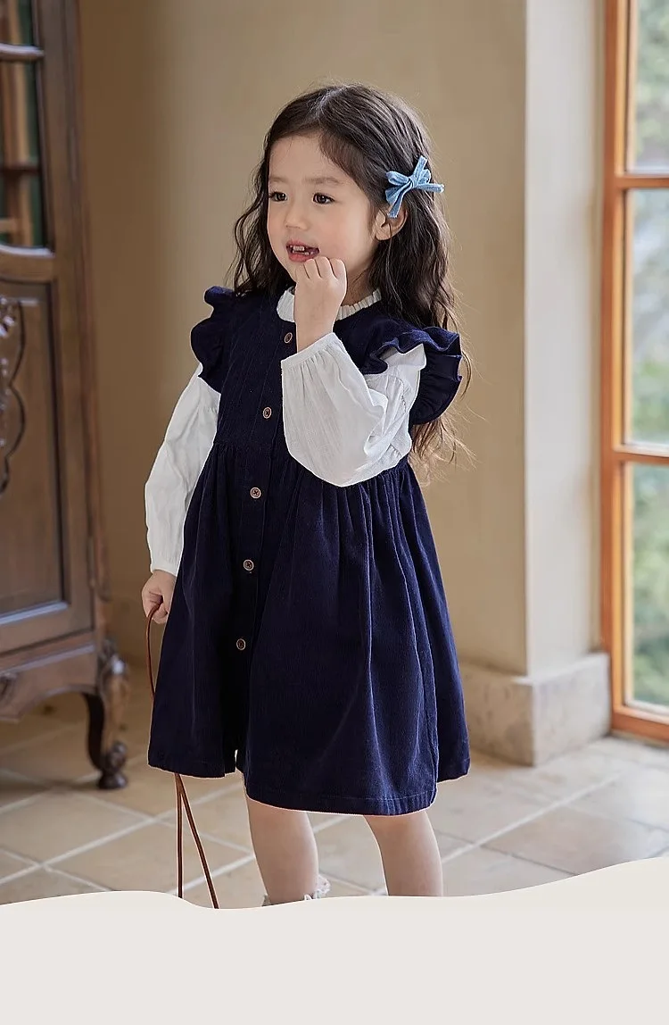 Trajes de principios de otoño para niñas, camisa blanca coreana, Top, chaleco, vestido, conjunto de dos piezas, trajes de moda de estilo Simple coreano, ropa 2024