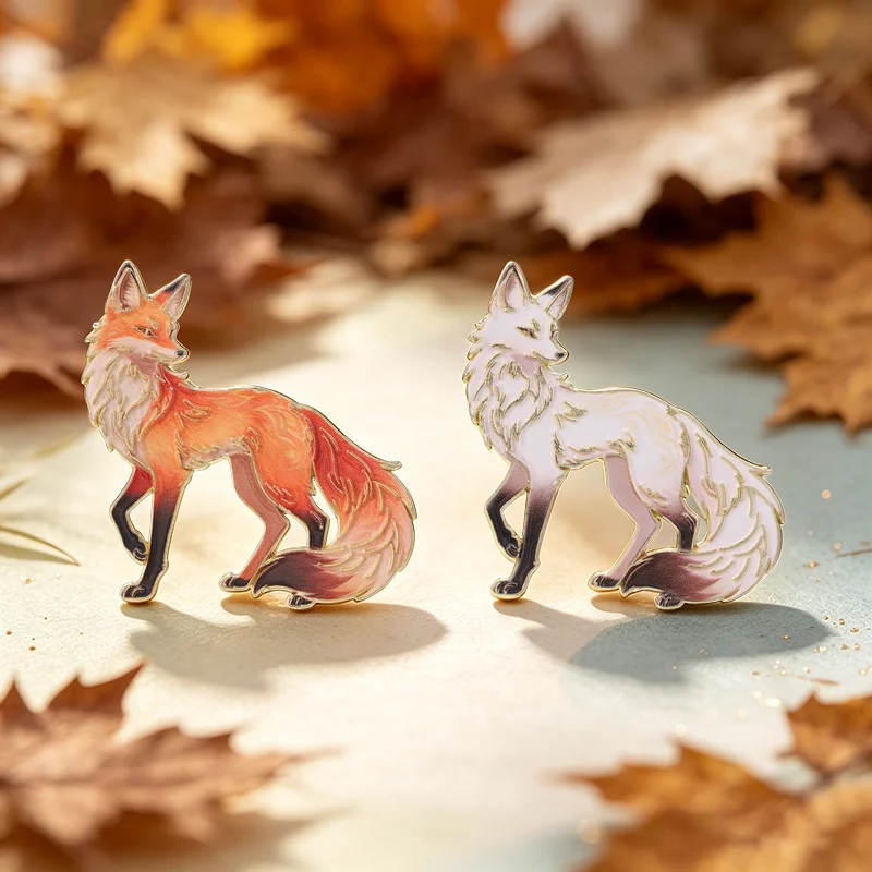 Vintage Forest Fox Badge Wild Animal UV Printing Pins Nature Wildlife Brooch Gift Decor Autumn Thanksgiving Accessories