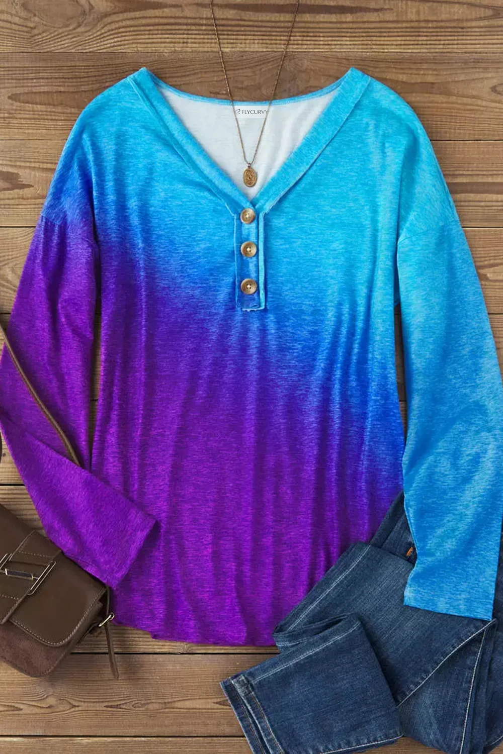 Bluzka Flycurvy Plus Size Casual Blue and Purple Splicing Ombre Button V Neck Bluzka z długim rękawem