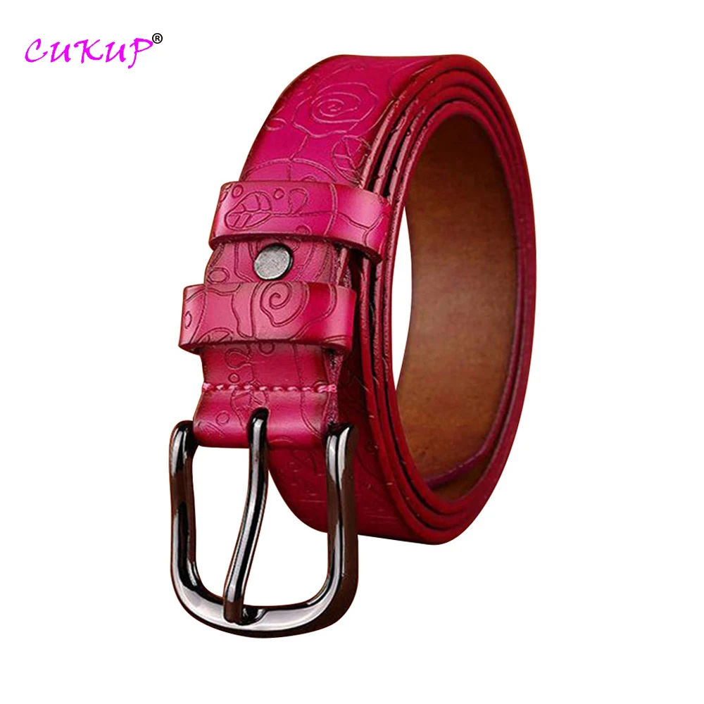 Fashion Design Floral Pattern Rose Red Genuine Leather Female Belt Women's Pin Buckle Metal Belts 28mm Wide 2023 FCO082