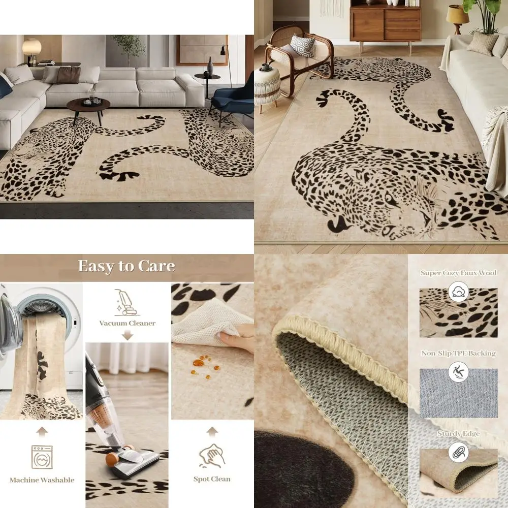 

Beige Leopard Print Area Rug, 8x10, Washable and Non-Slip, Ultra-Thin Soft Rug for Living Room and Bedroom, Modern Style