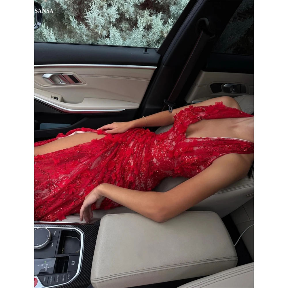 Sansa Personalizzato Rosso Sirena Spacco Laterale Fiore 3D Vestito Da Promenade Sexy Halter Neck Pieghe Abiti De Noche Pavimento-Lunghezza Abito Formale
