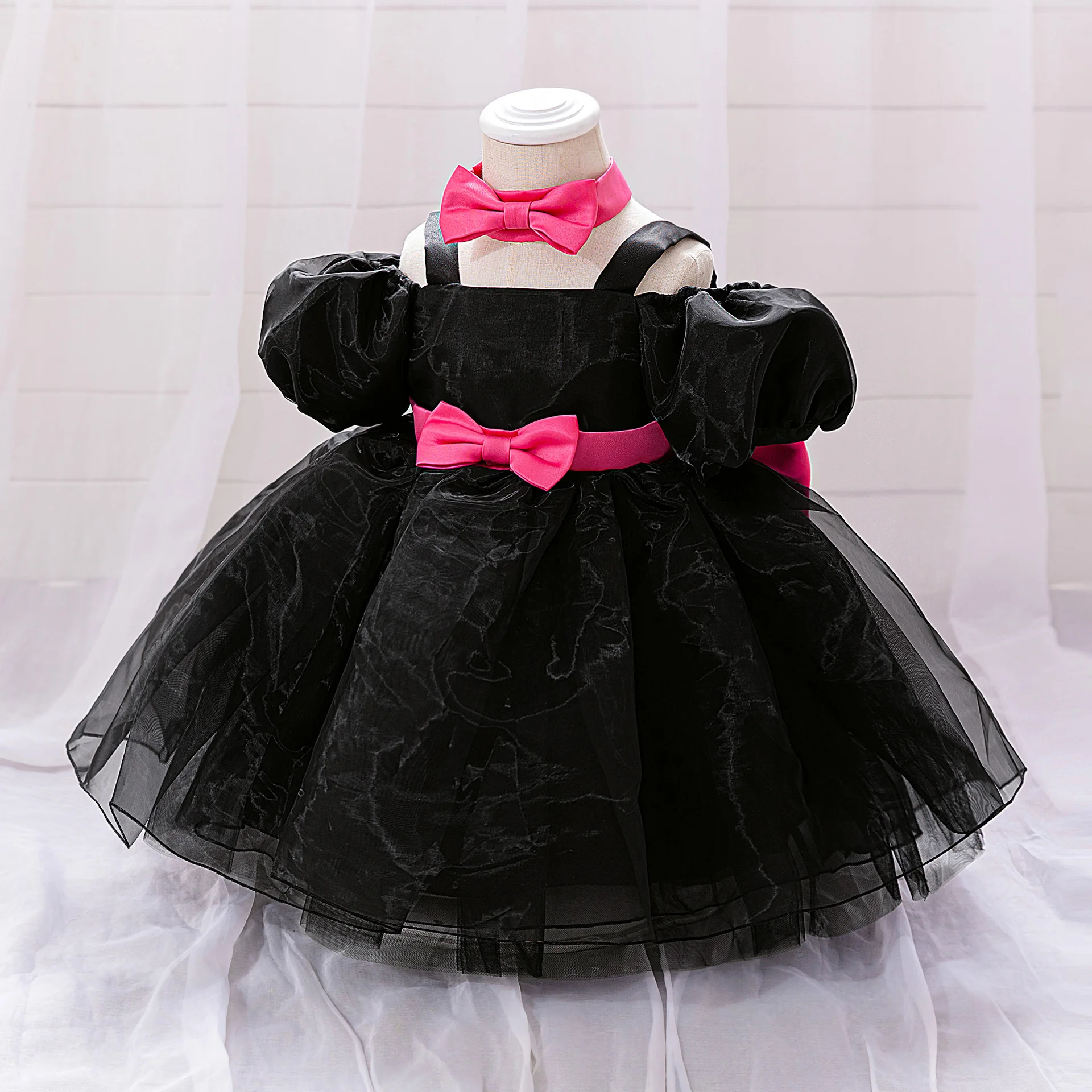 Cute Sweet Infant Baby Girl Heart Print Big Bow Princess Dress For Toddler Kids Formal Banquet Birthday Party Baptism Puffy Gown