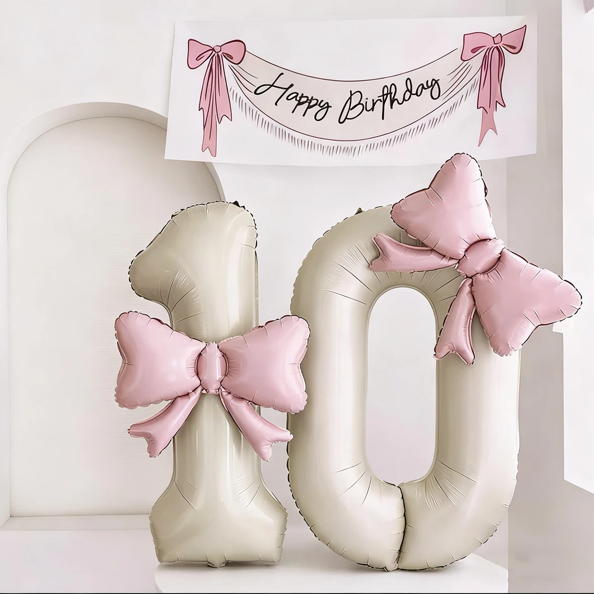 ‌40inch Brown-White Number 8 Foil Balloon with Light Pink Bow - Birthday/Anniversary Party Decor - 4