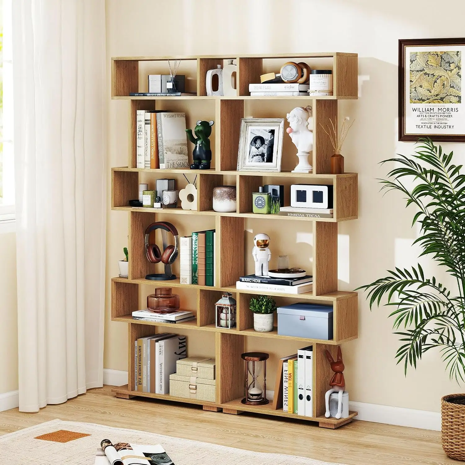 6-Tier S-Shaped Wooden Bookshelf Set Of 2, Geometric Display Shelf With Anti-Tip Kit For Living Room, Customized