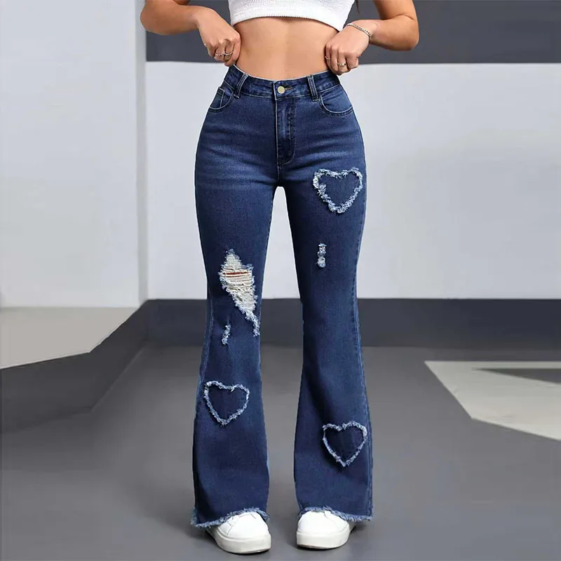 

Y2K синие эластичные расклешенные джинсы в форме сердца с высокой талией, модные модные эластичные брюки в стиле ретро для женщин