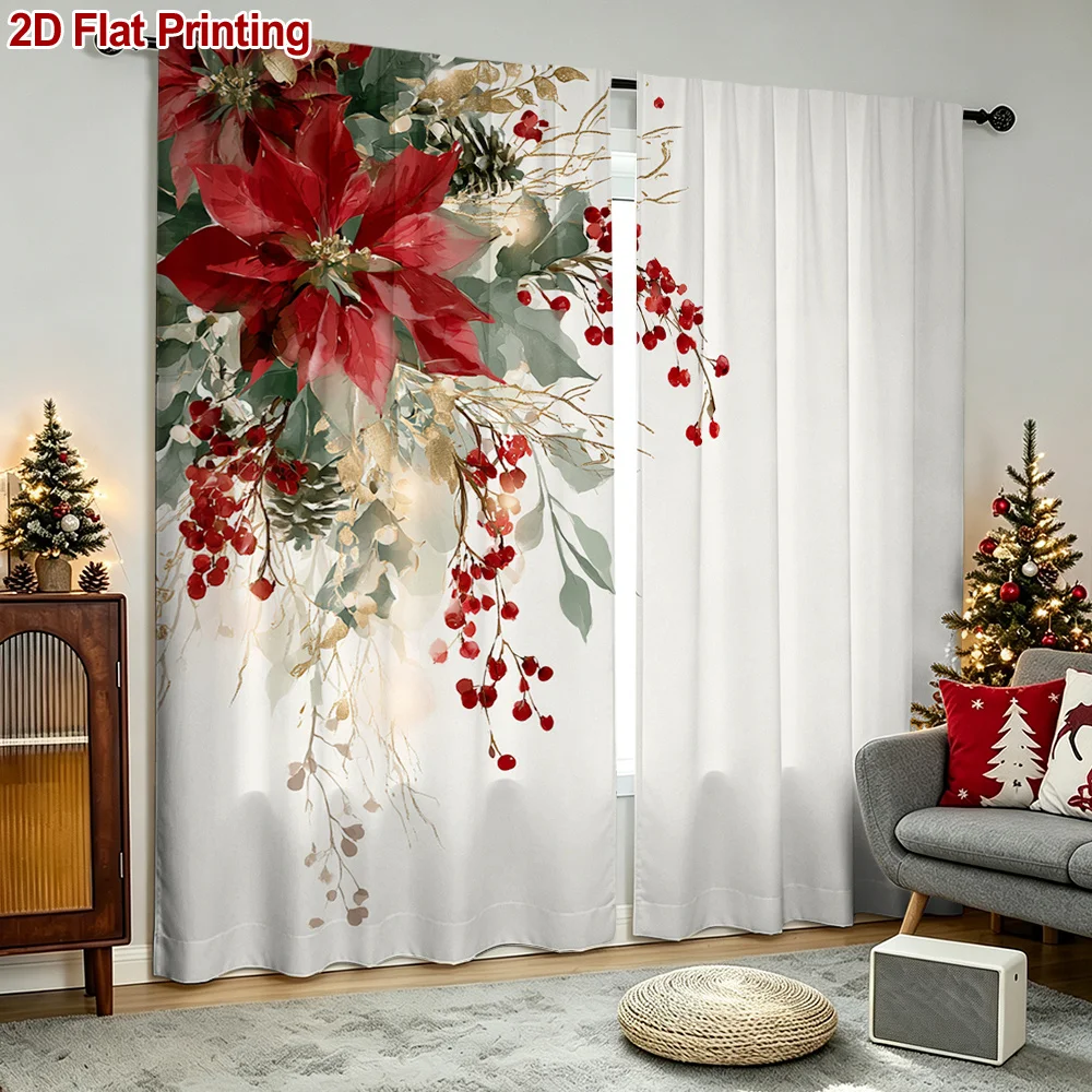 2PCS Christmas Winter Curtains, Red Poinsettia Berry Pine, Digital Print, Bedroom Living Room, Rod Pocket Polyester, Home Decor