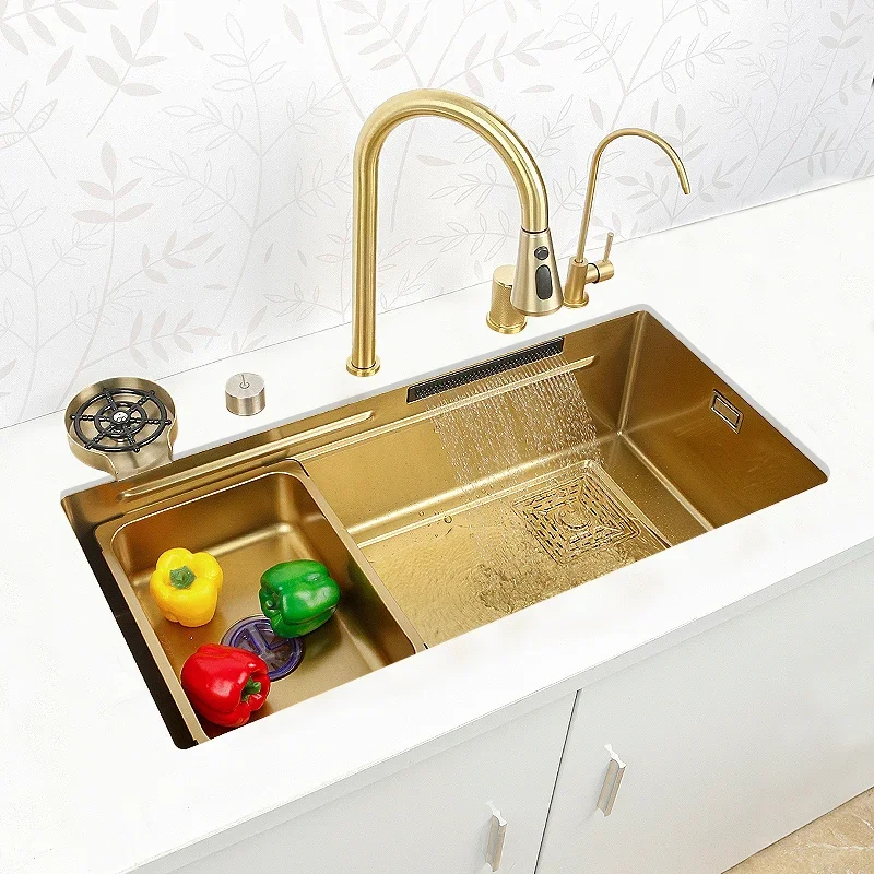 Waterfall Kitchen Sink Gold 304Stainless Steel Sink Modern Multifuctional Large Single Blow Above Counter/Apron Front/Undermount