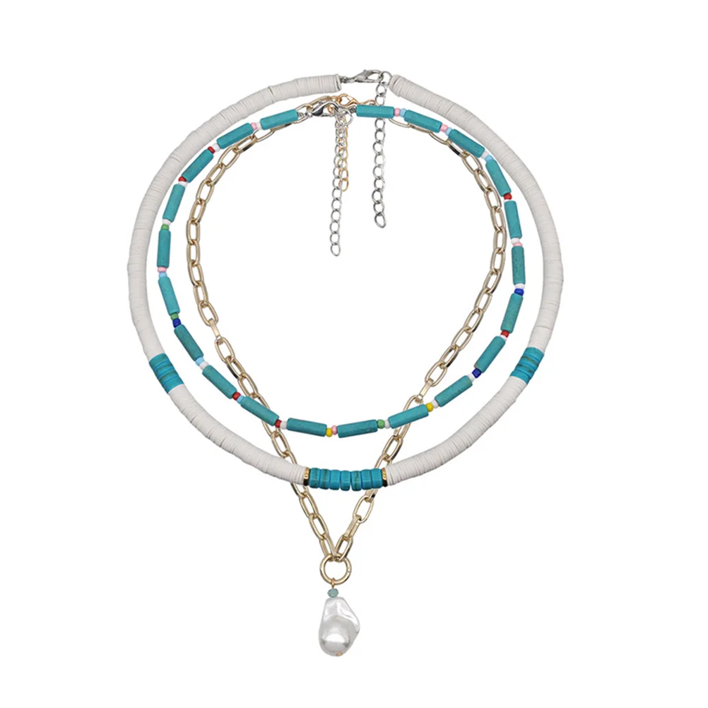 

Bohemian Necklace Pearl Beaded Turquoise Clavicle Pendant Multi layer Lady Jewelry Decorative Chain Necklace Bohemian Style