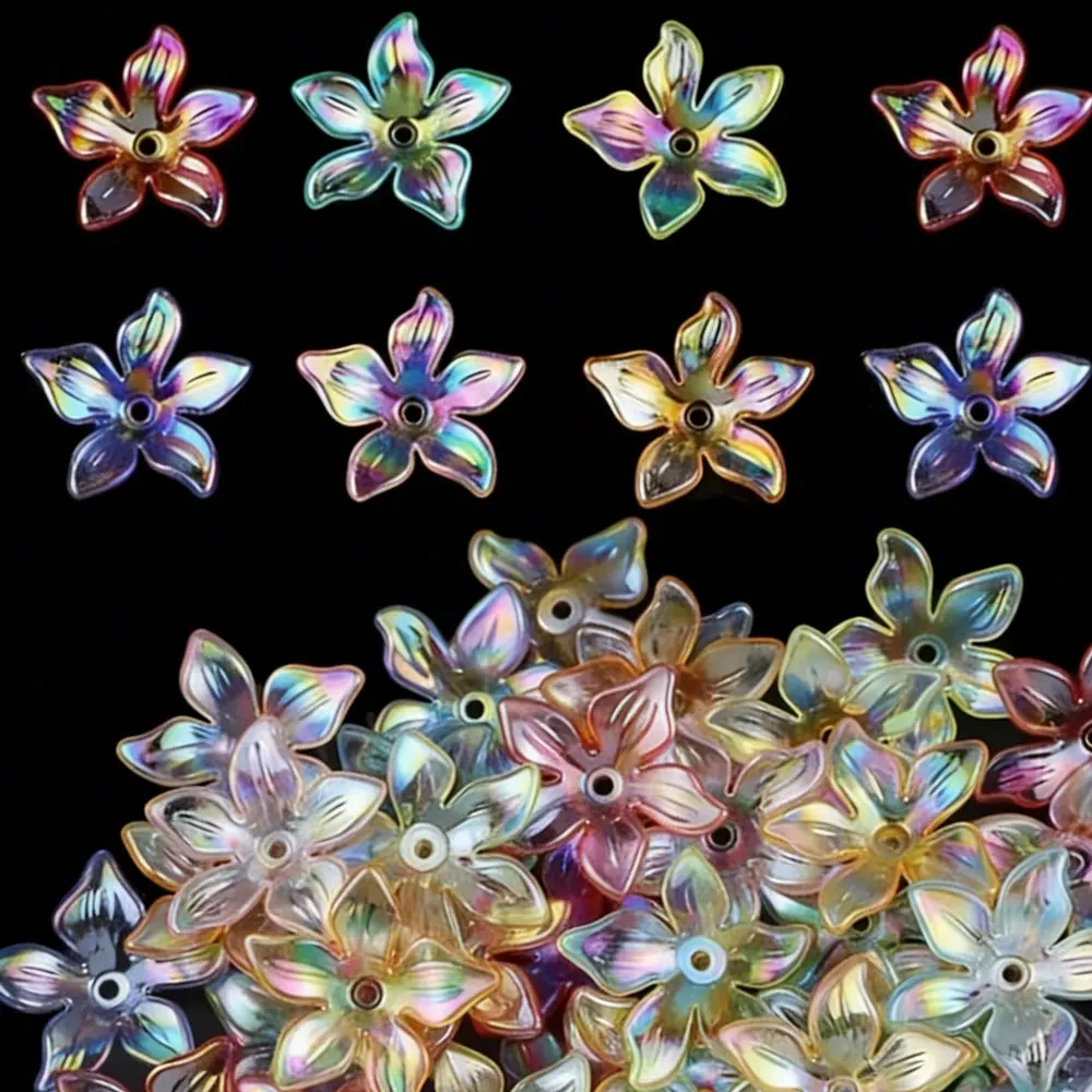 50/100pcs Rainbow Acrylic Flower Beads, Transparent Petal Beads, Suitable for DIY Necklace, Earring, and Decorative Bead Making