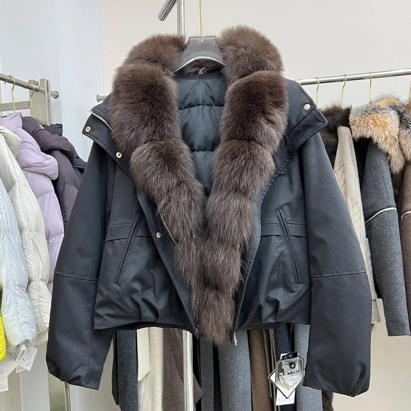 2026 Women Winter Fox Fur Collar 90% White Duck Down Jacket Short Loose Thick Warm Hooded Puffer Parka Coat