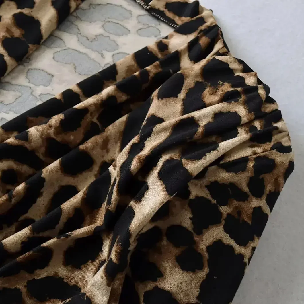 

2025 Sexy Leopard Print Bodysuit for Women, Slim Fit Ruched V-Neck Long Sleeve Romper with Pads
