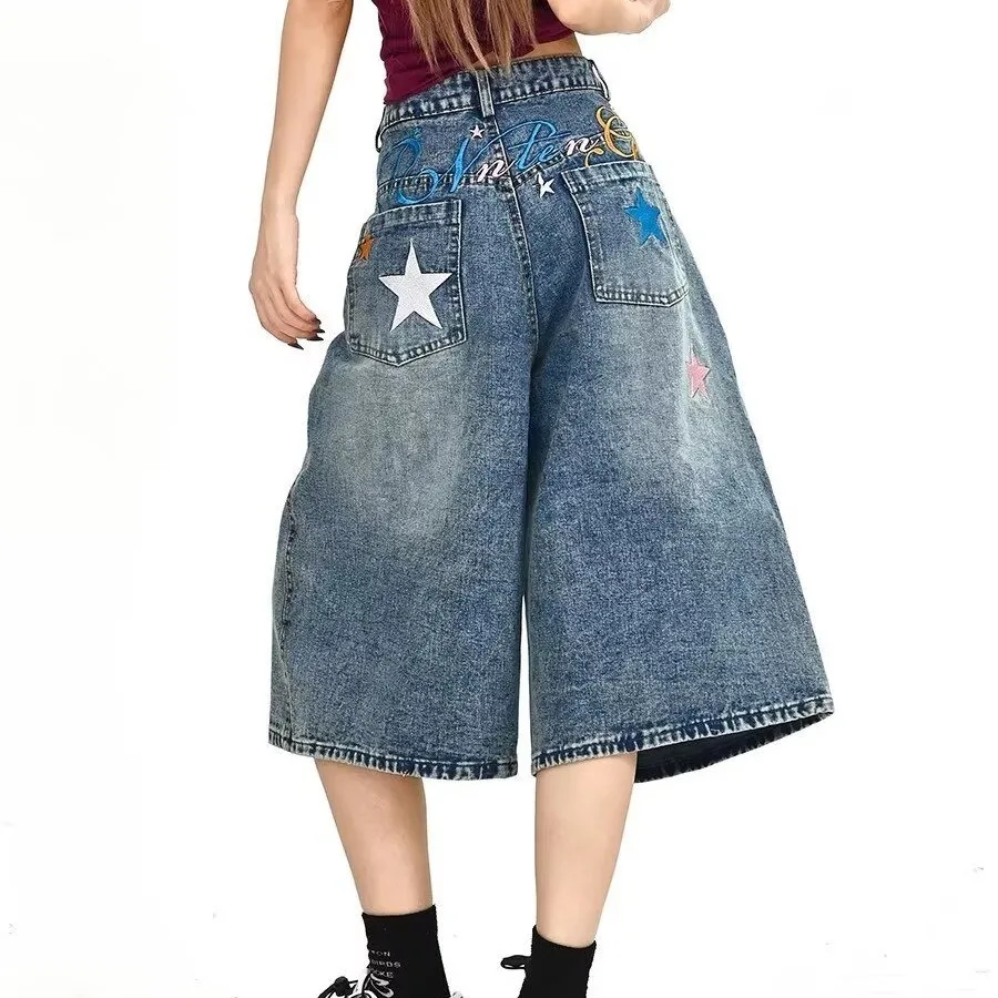 Y2K American Retro Star Embroidered Denim Cropped Pants Summer Thin Mid Length Loose Washed Wide Leg Short Pants for Women