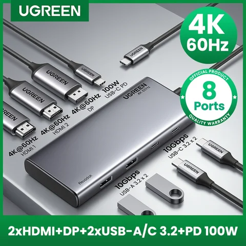 MacBook Adapter 8-in-1 Dock for Pro UGREEN Triple Display USB C HUB 10Gbps 4K HDMI Adapter 8-in-1 Splitter with HDMI DP USB3.2 PD 100W Dock for MacBook Pro Air PC