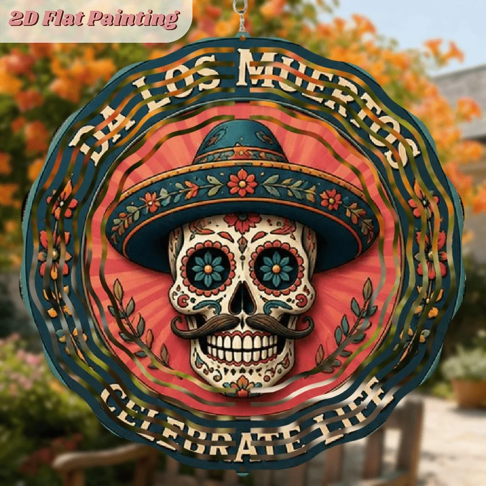 CIFbuy 360 Creative Wind Chimes Christmas Halloween Dia De Los Muertos Spinning Hanging Ornament Vintage Skull with Flowers
