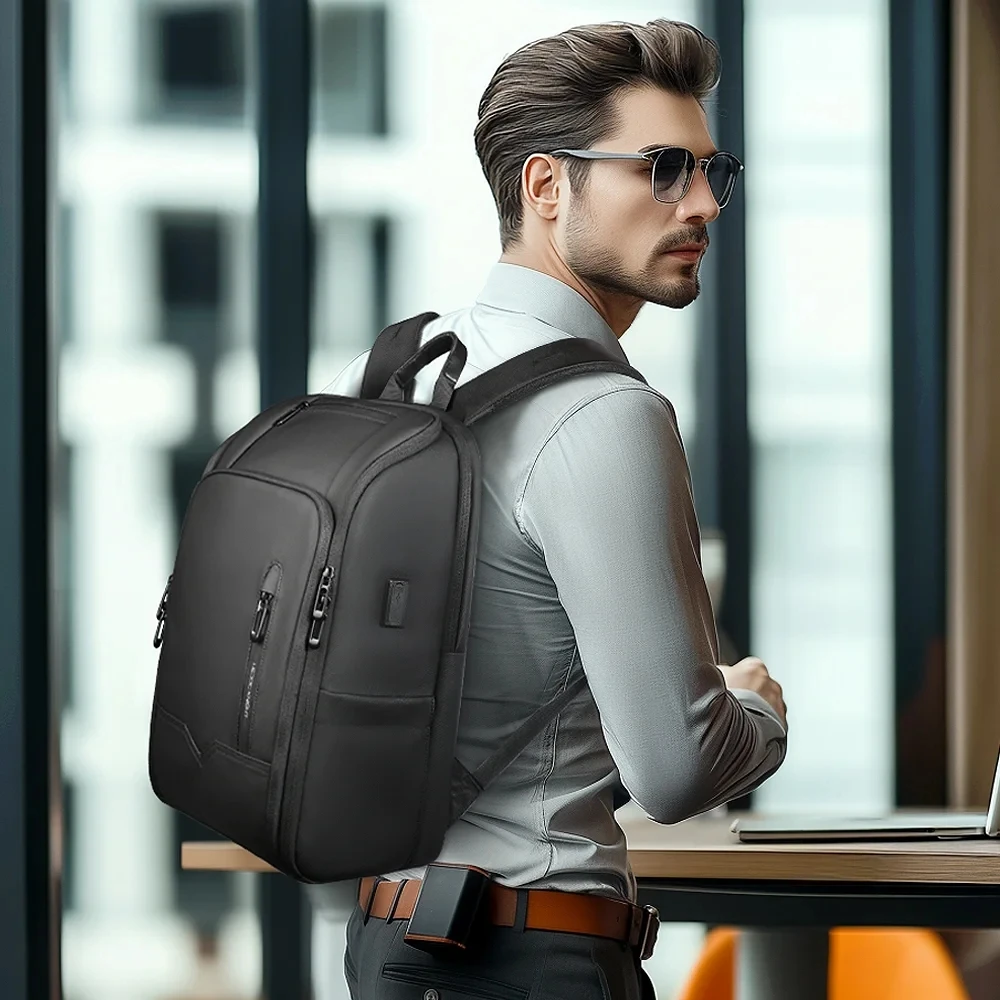 حقيبة ظهر للعمل للرجال من HK مقاومة للماء مقاس 15.6 بوصة للكمبيوتر المحمول مع USB متعددة الجيوب حقيبة ظهر للسفر حقيبة مدرسية ذات سعة كبيرة