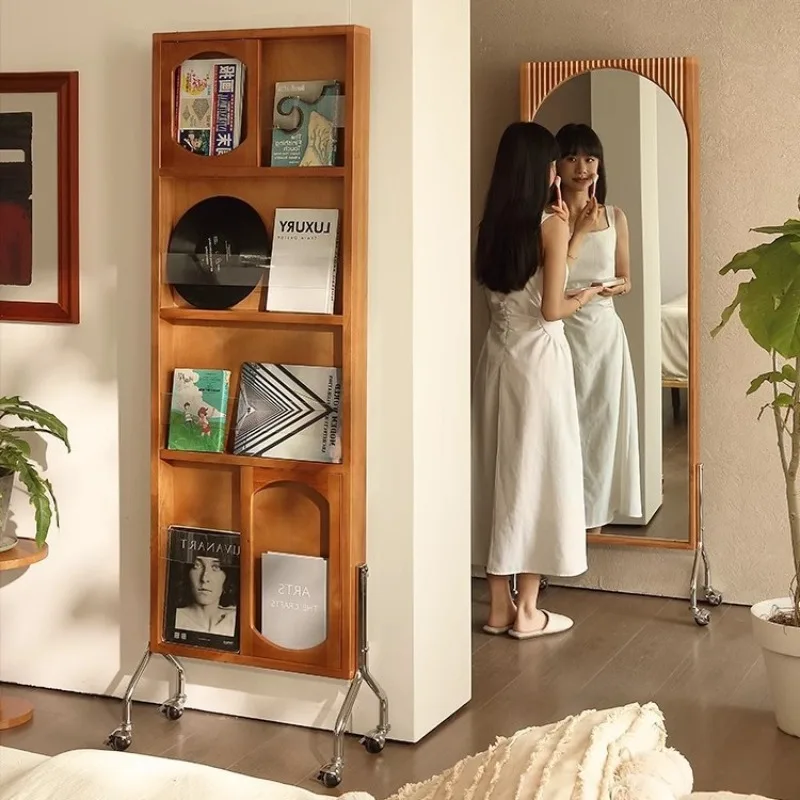 Medium retro style dressing full body mirror household removable magazine rotating solid wood frame integrated floor partition