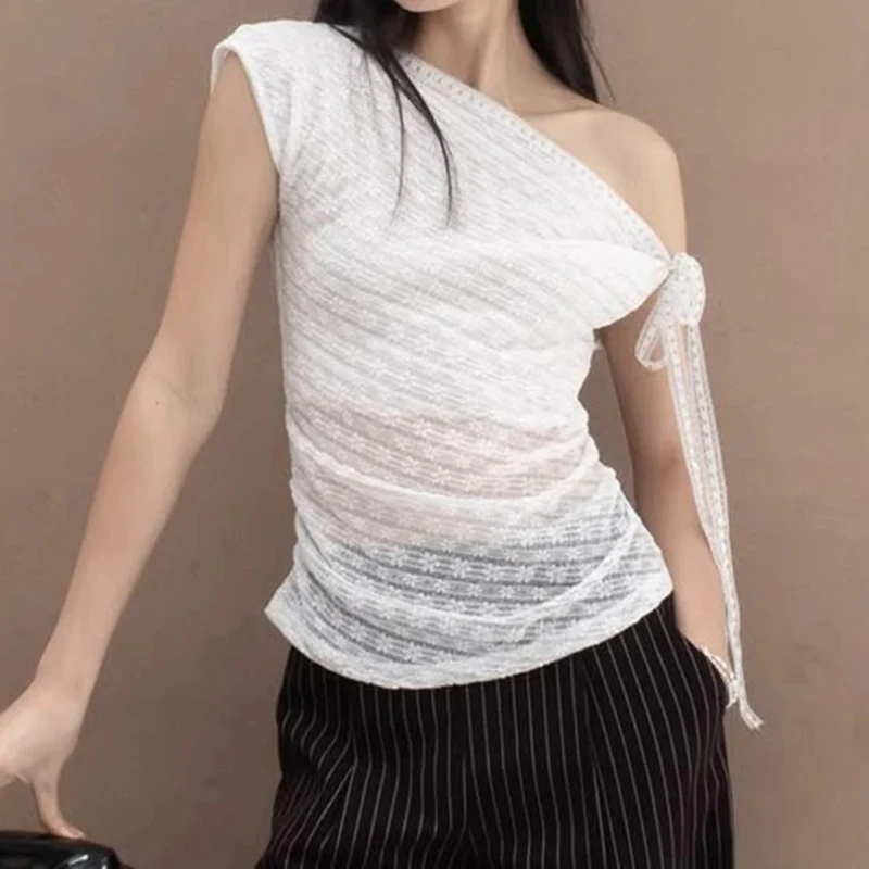 

2025 New Lace Fabric Splicing Lace Slant Neck T-shirt for Women