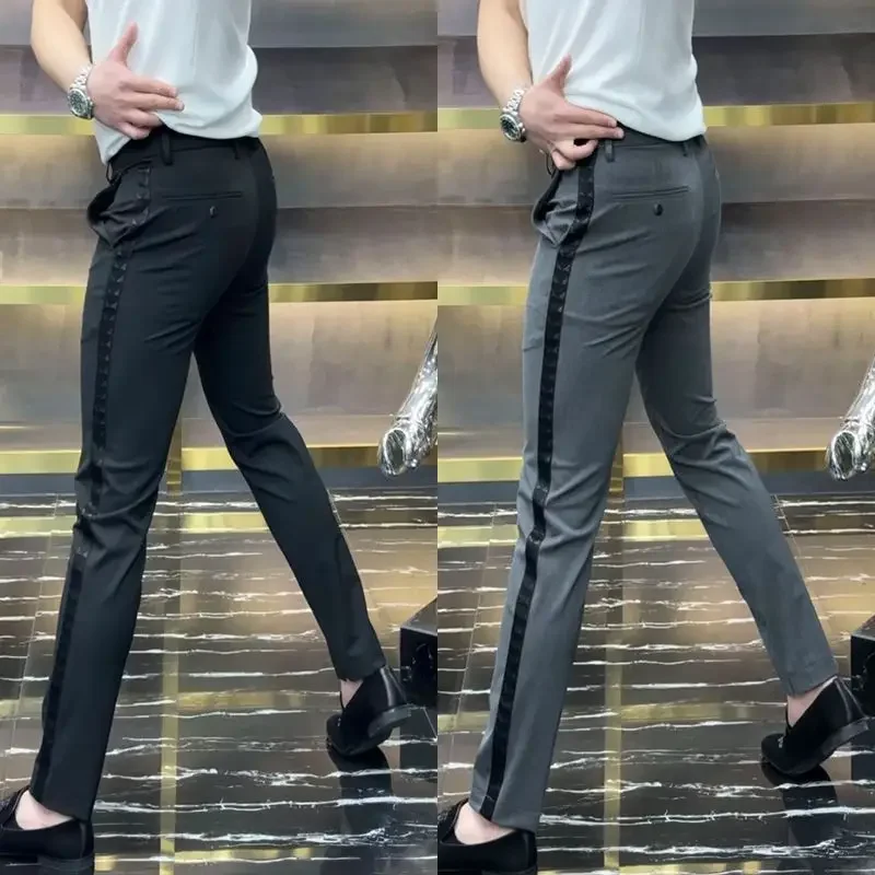 ผู้ชายด้านข้างลายธุรกิจชุดกางเกงดินสอStreetwearแฟชั่นชายเสื้อผ้าElastic Slim CasualตรงกางเกงXT946
