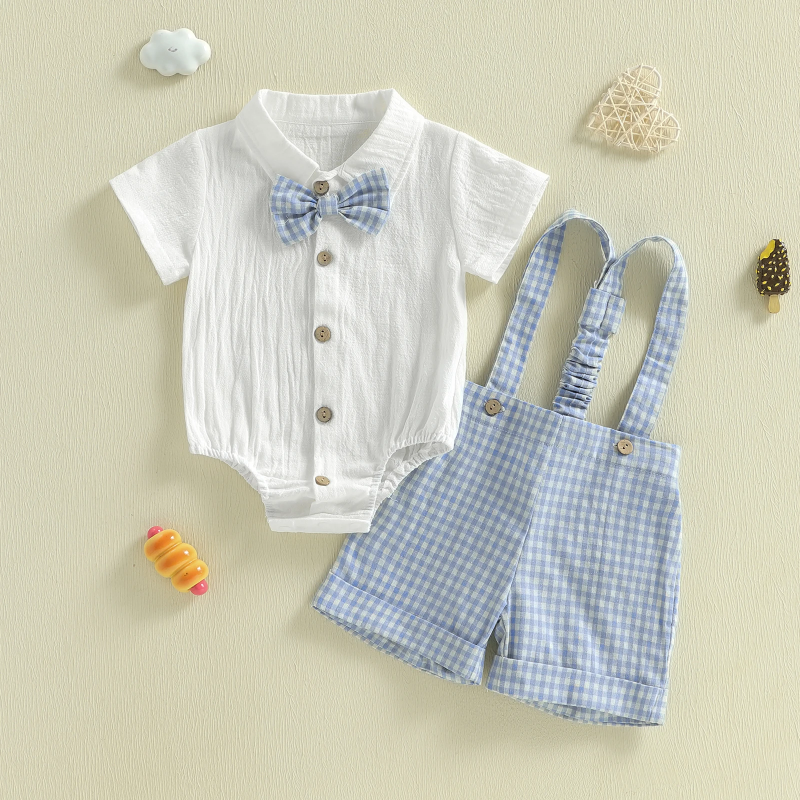 Summer Infant Baby Boys Shorts Set Short Sleeve Bow Tie Romper Plaid Suspender Shorts Outfit Gentleman Clothes