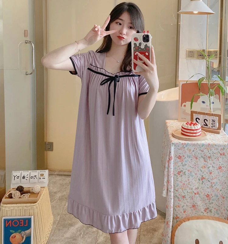 Summer Short Sleeve Cotton Sleep Dress Women's Pure Color Sweet Lace Princess Style Maternity Home Clothes Outdoor Wearable