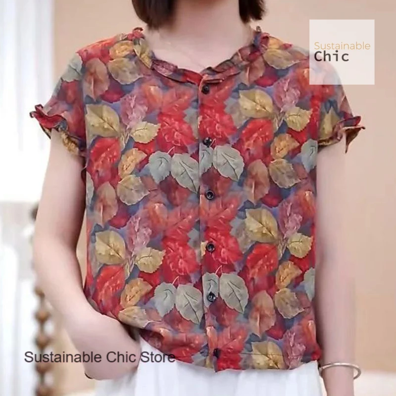 

Summer new fashion western style plus size short sleeve shirt female French mother style casual design floral cardigan top.