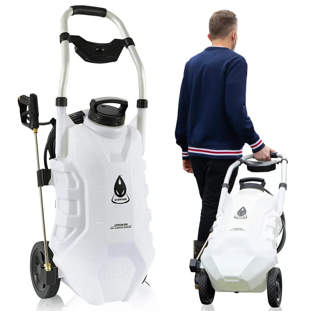 Battery Powered Sprayer with Cart 8 Gallon Self-Cleaning Garden Sprayer with 4.9Ah Lithium Battery Heavy Duty Sprayer Weeding