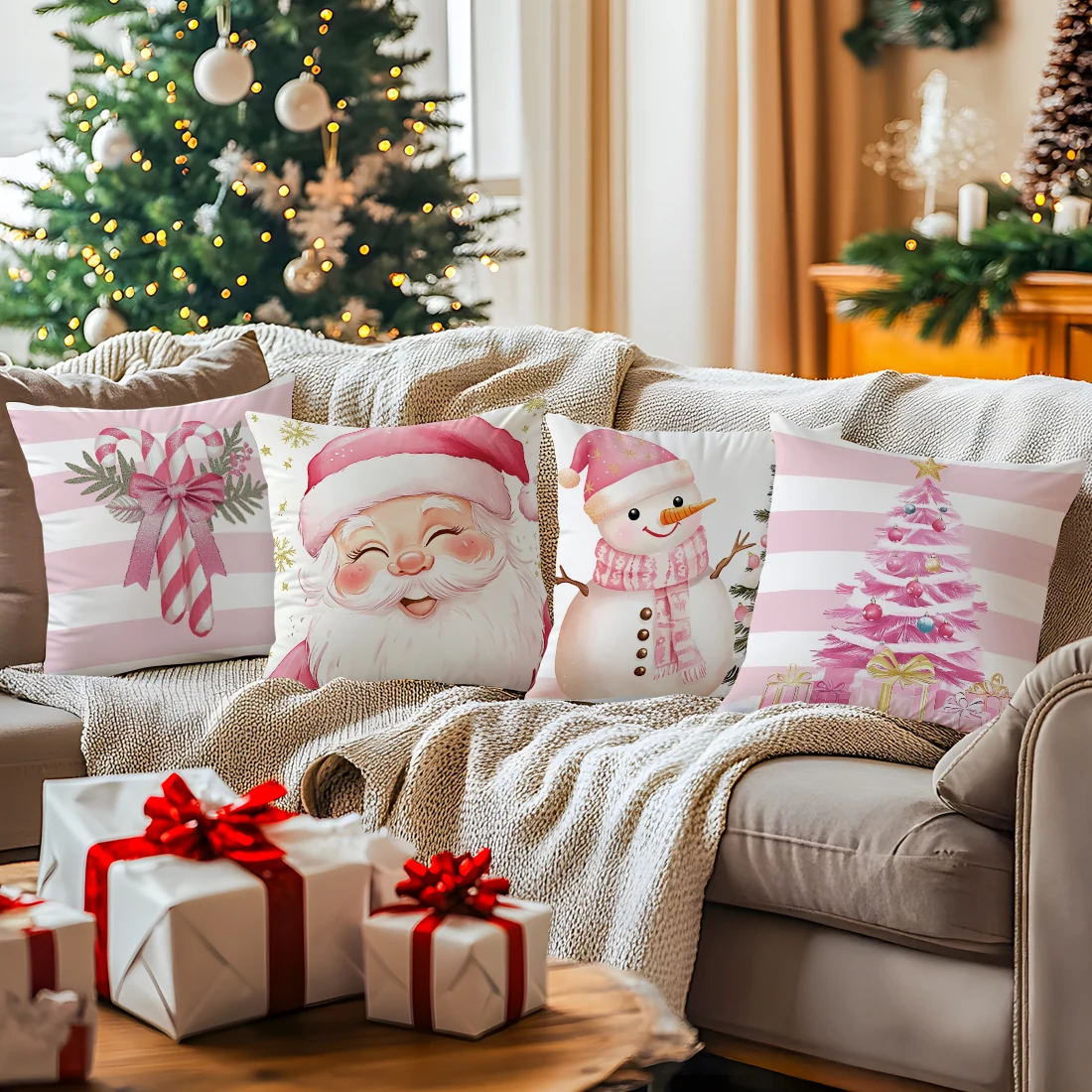 Pink Christmas Cushion Pillowcase Printed Polyester 40/45/50cm Throw Pillowcover Decor Sofa Cushion Pillowslip Home Decor