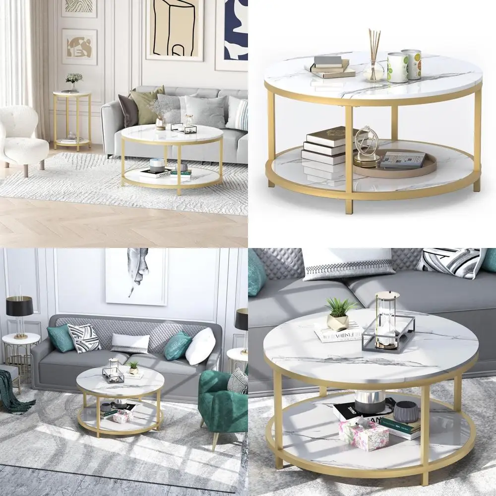 

Modern Circular Coffee Table with White Marble Top and Gold Metal Legs, Storage Shelf for Living Room