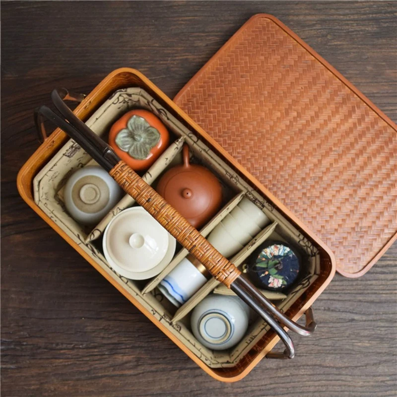 Bamboo Woven Tea Set Storage Case Portable Handbag Basket for Travel Vintage Organizer Box with Handle Rustic Tea Caddy Tote
