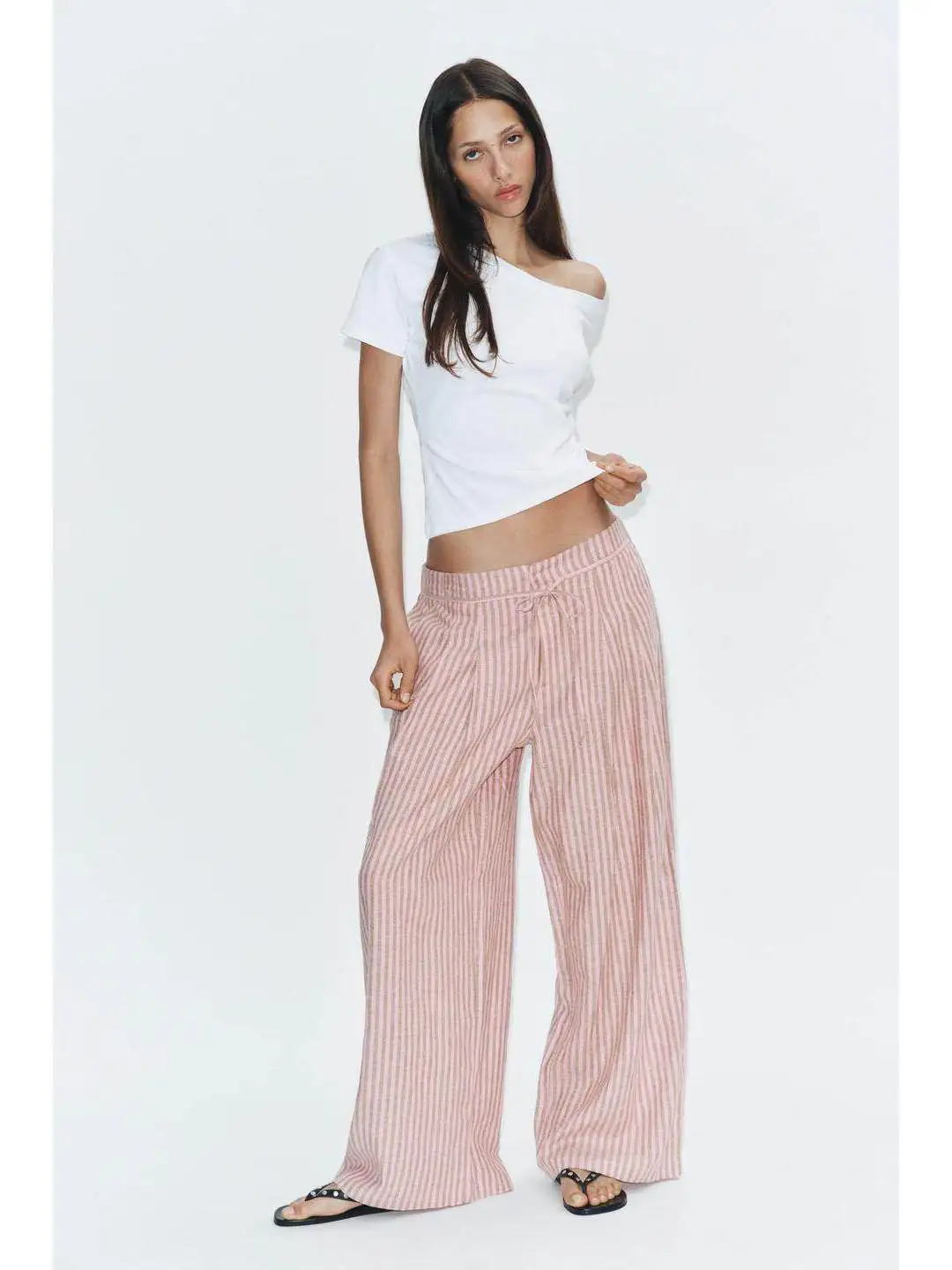 Casual Stripe Patterned Loose Fit Fashionable All-Match Mixed Fiber Wide Leg Pants with Belt mid Waist for Ladies Summer 2026