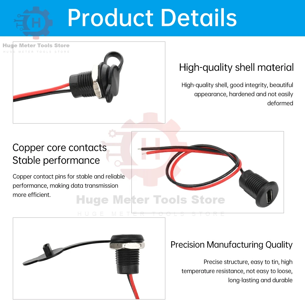 2Pin USB-C Connector Type-C Waterproof with PH 2.0 nut locking Panel mounting TPC Waterproof Fast Charging With Welding