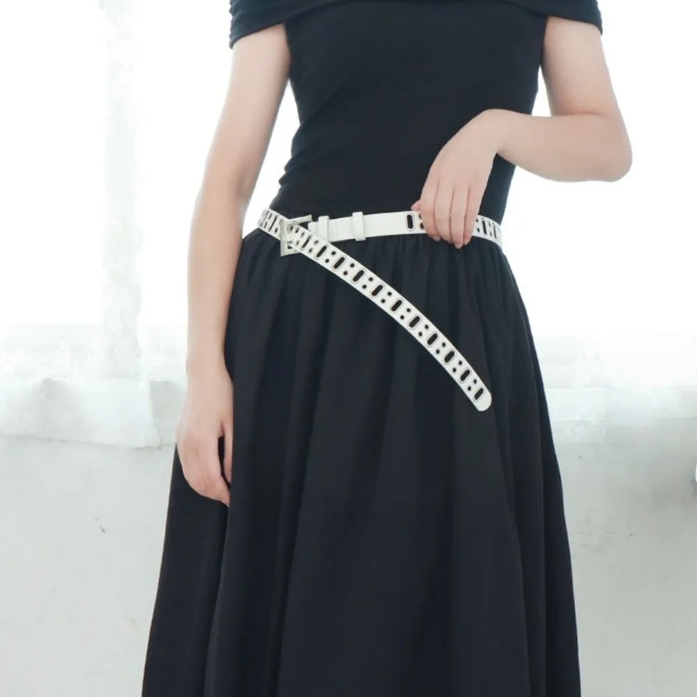 

Fashion Alloy Buckle Oval Multihole Belt Vintage Hollow PU Leather Waistband Punk Hip-hop Unisex Belt Streetwear