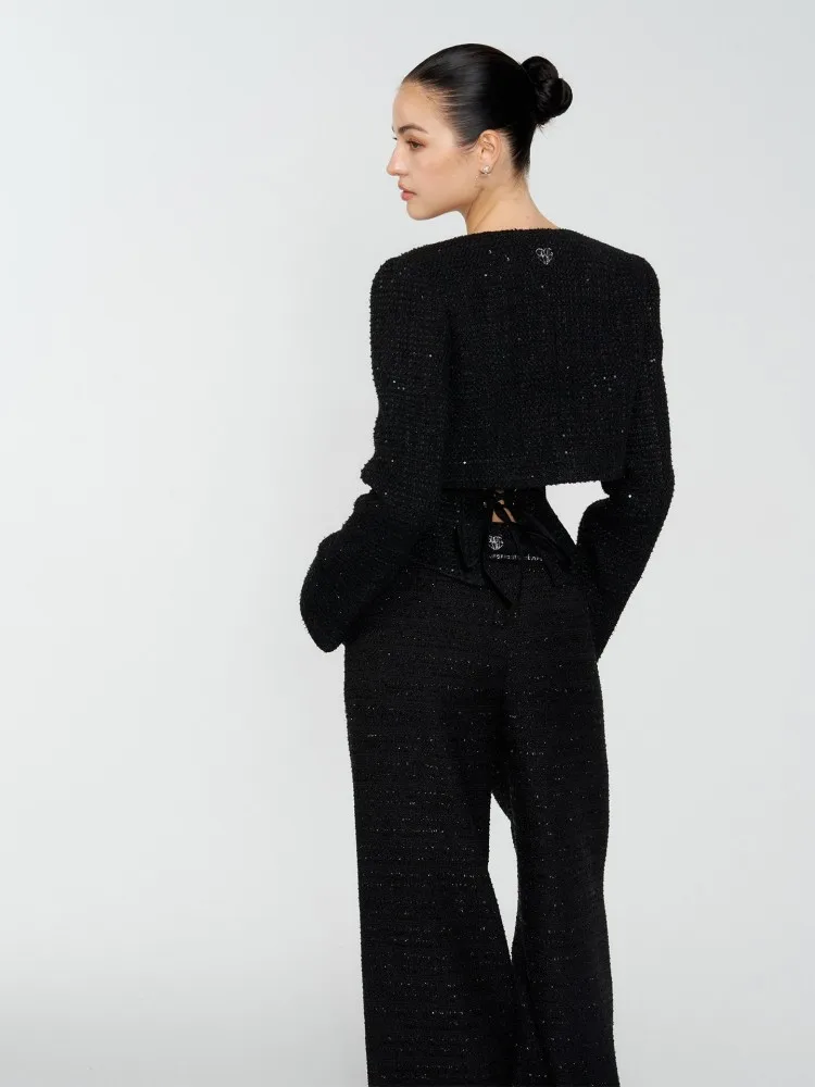 Office Ladies O Neck Black Cropped Coat Fashion Womens Short Tweed Jackets Cropped Waist Cutout Jacket Long Sleeve Outerwear