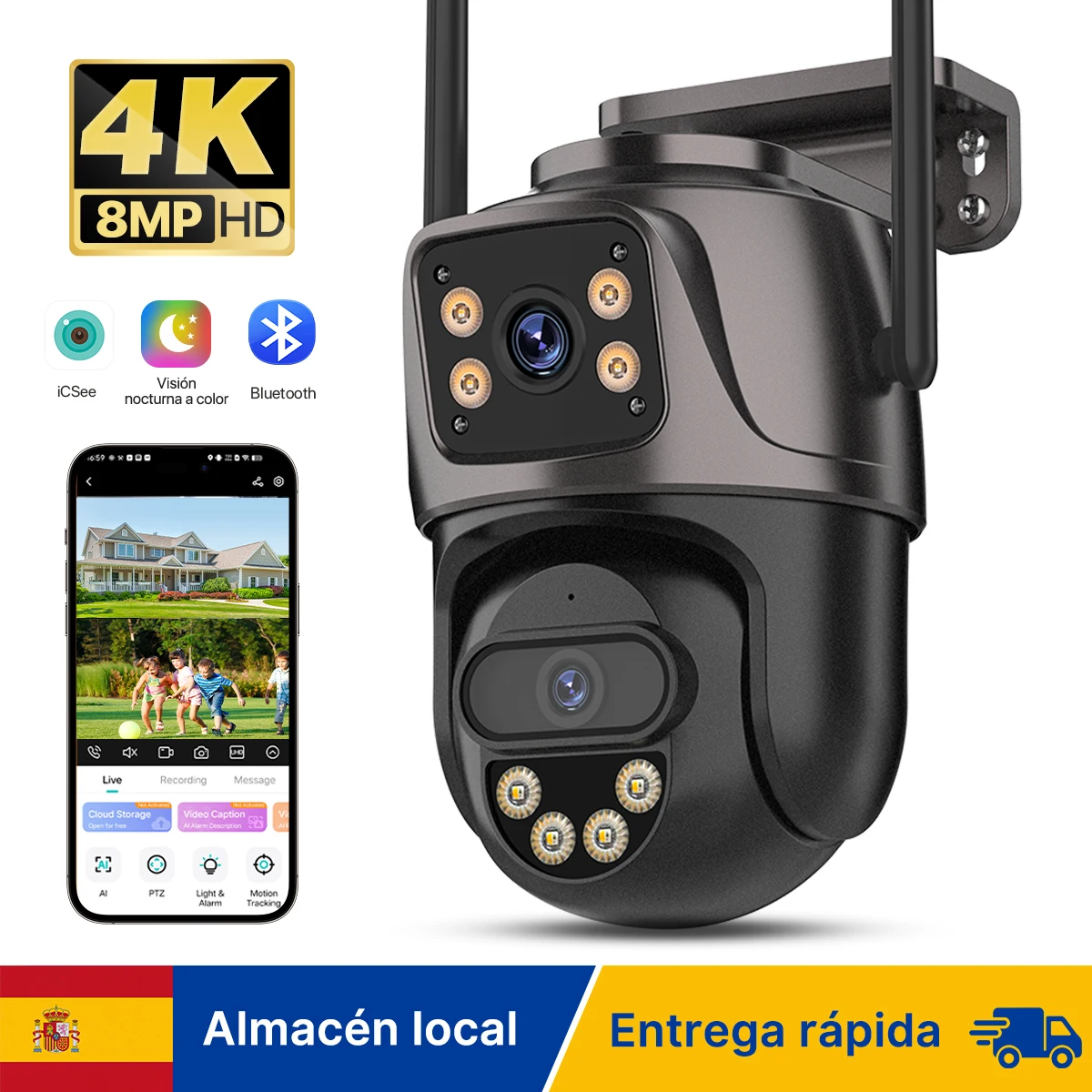 WONSDAR Cámara de seguridad WiFi 4K 8MP, cámara PTZ de doble lente, detección humana, audio bidireccional, visión nocturna, aplicación ICsee