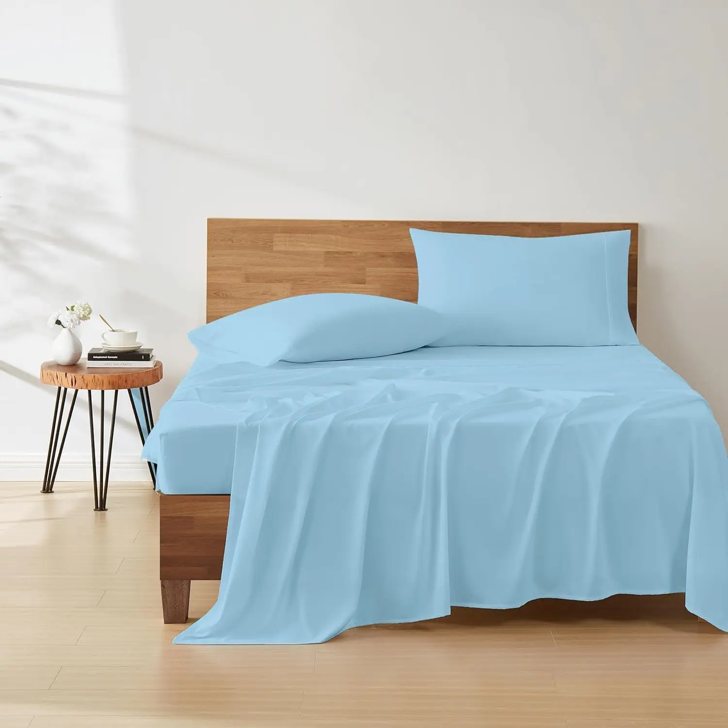 

Cotton Blend 4-Piece Bed Sheets Set Queen Size, Light Blue Queen Sheets, Long-Staple Cotton Bed Sheets For Bed, Soft & Silky