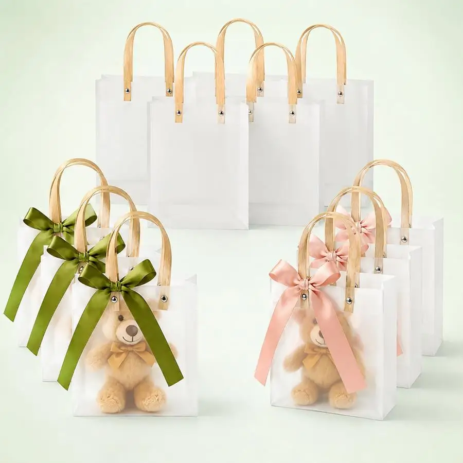 20pcs Matte Frosted Gift Bags with Ribbon, Transparent Portable Tote Pouches, Present Packaging for Wedding, Birthday Party, XJM
