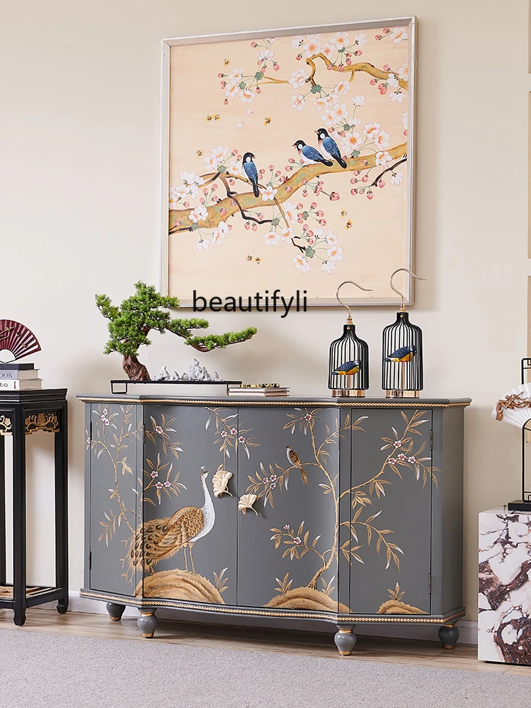 French Style Modern Light Luxury New Chinese Style Painted Peacock Entrance Foyer Sideboard Cabinet