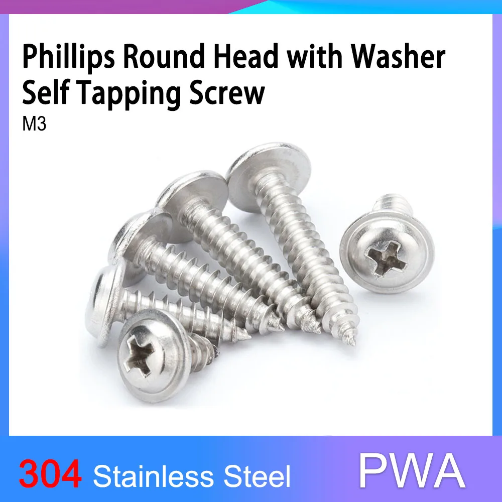 

50pcs M3 PWA A2 304 Stainless Steel Cross Phillips Round Head with Washer Self Tapping Screw Bolt