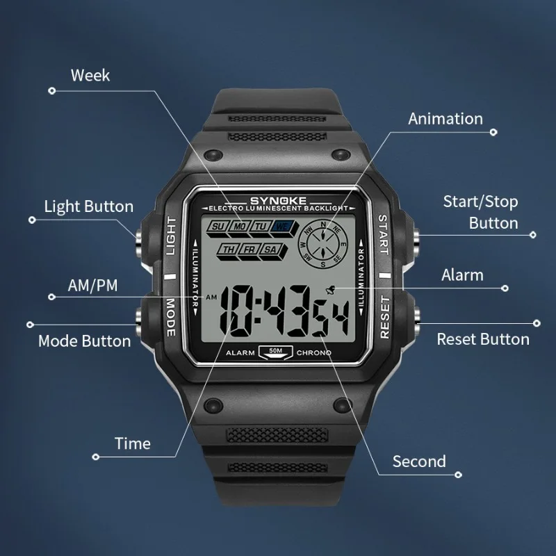 Watch Outdoor Sports Multifunctional Waterproof Shock Resistant Large Screen Display Luminous LED Digital Watch for Men Synoke