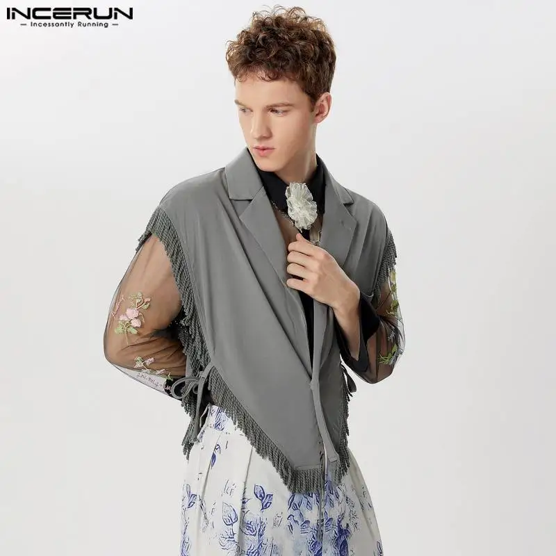 INCERUN Men Irregular Vests Tassel Patchwork Lapel Sleeveless One Button Lace Up Waistcoats Streetwear 2024 Fashion Casual Vests