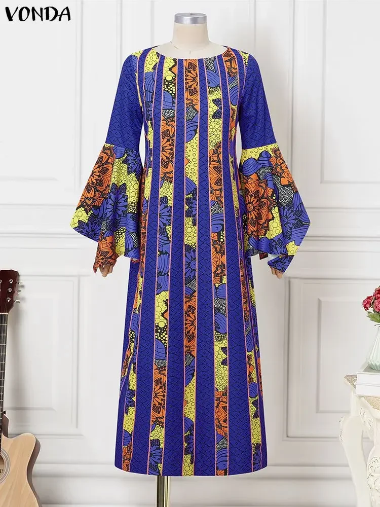 Frauen Kleider VONDA Plus Größe Vintage Print 2025, Lange Flare Hülse Böhmischen Maxi Robe Casual Lose Herbst Party Lange Vestido 5XL