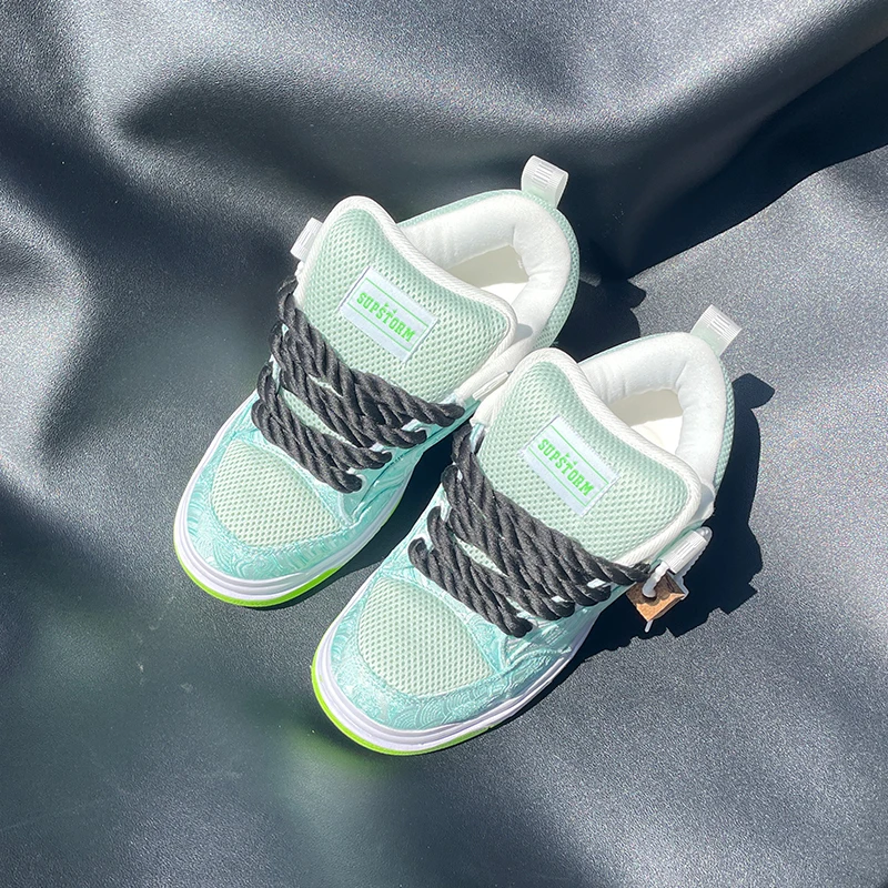

New Style Light Green Loafers with Thick Black Rope Shoelaces, Skate Shoes, Large Size Men's High Street Casual Shoes, Breathable Mesh Couple's Sneakers