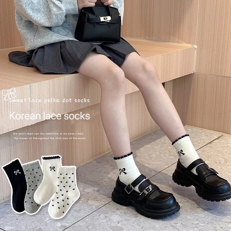 4 أزواج من جوارب الأطفال للفصول الأربعة جوارب قطنية للفتيات نمط لطيف على شكل فيونكة للأطفال جورب الأميرة باللون الأسود والأبيض على الطراز الكوري للأطفال #6