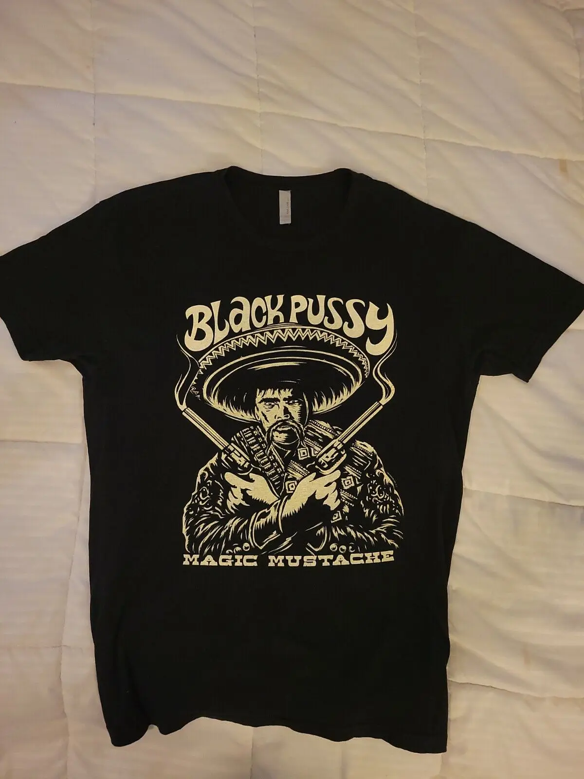 Black Pussy Magic Mustasche T-shirt Black  Men's L - PERFECT!! AWESOME!! Short Sleeve Tops Tees Cotton Print Tshirts