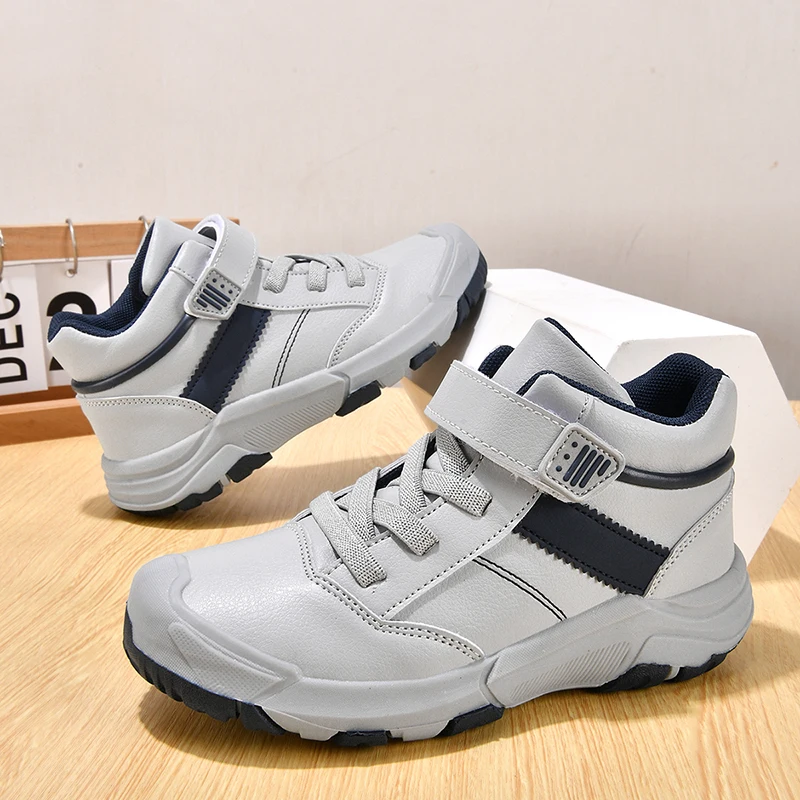 A pair of youth velcro high-top leather sneakers, wear-resistant upper, non-slip rubber sole for daily outdoor wear MF-D1910-CL