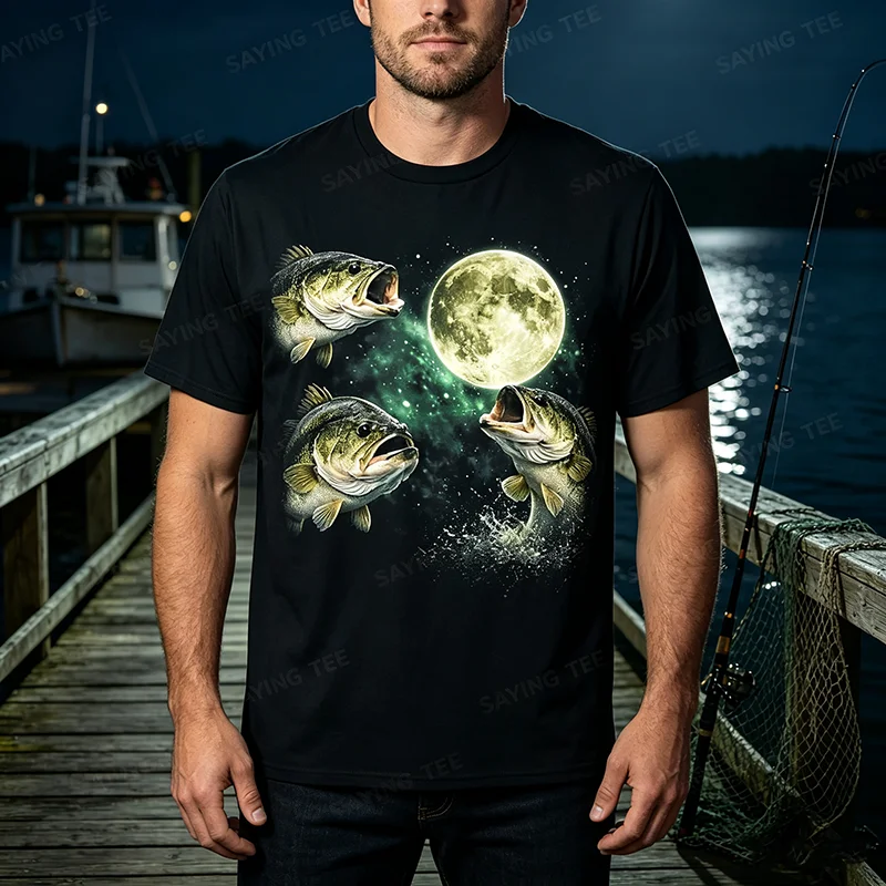 Bass Fish Howling To The Moon Vintage Angler Fisherman T-Shirt Y2k Fishermen Aesthetic Clothes Fishing Lover Outdoor Tee Novelty
