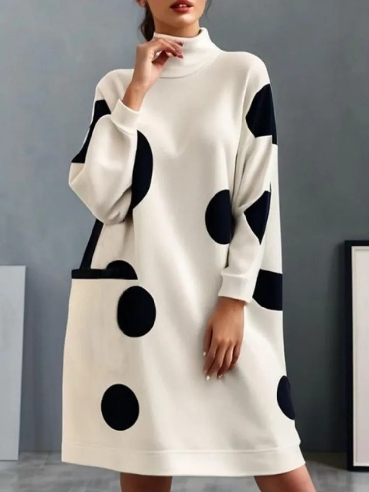 Onecozyday Women's Polka Dot Dress Stand Collar Long Sleeves Loose Fit Midi Dress for Female Autumn Fashion H-line Dress