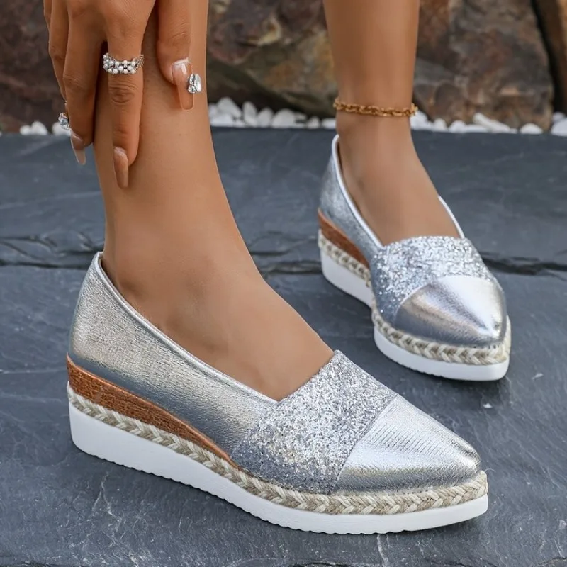 

Women's Sparkly Silver Espadrille Wedge Slip on Loafers Casual Pointed Toe Platform Metallic Flat Shoes Ladies Walking Footwear