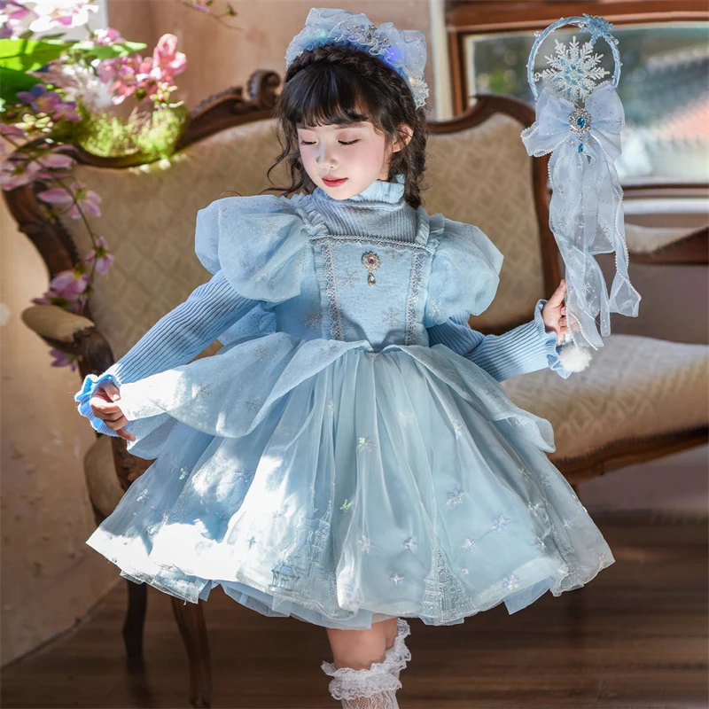 

Baby Girls Stage Performance Dress Kid Birthday Dress Child Party Skirt Princess Lolita Dress Little Girl Ice Blue Dresses Sets